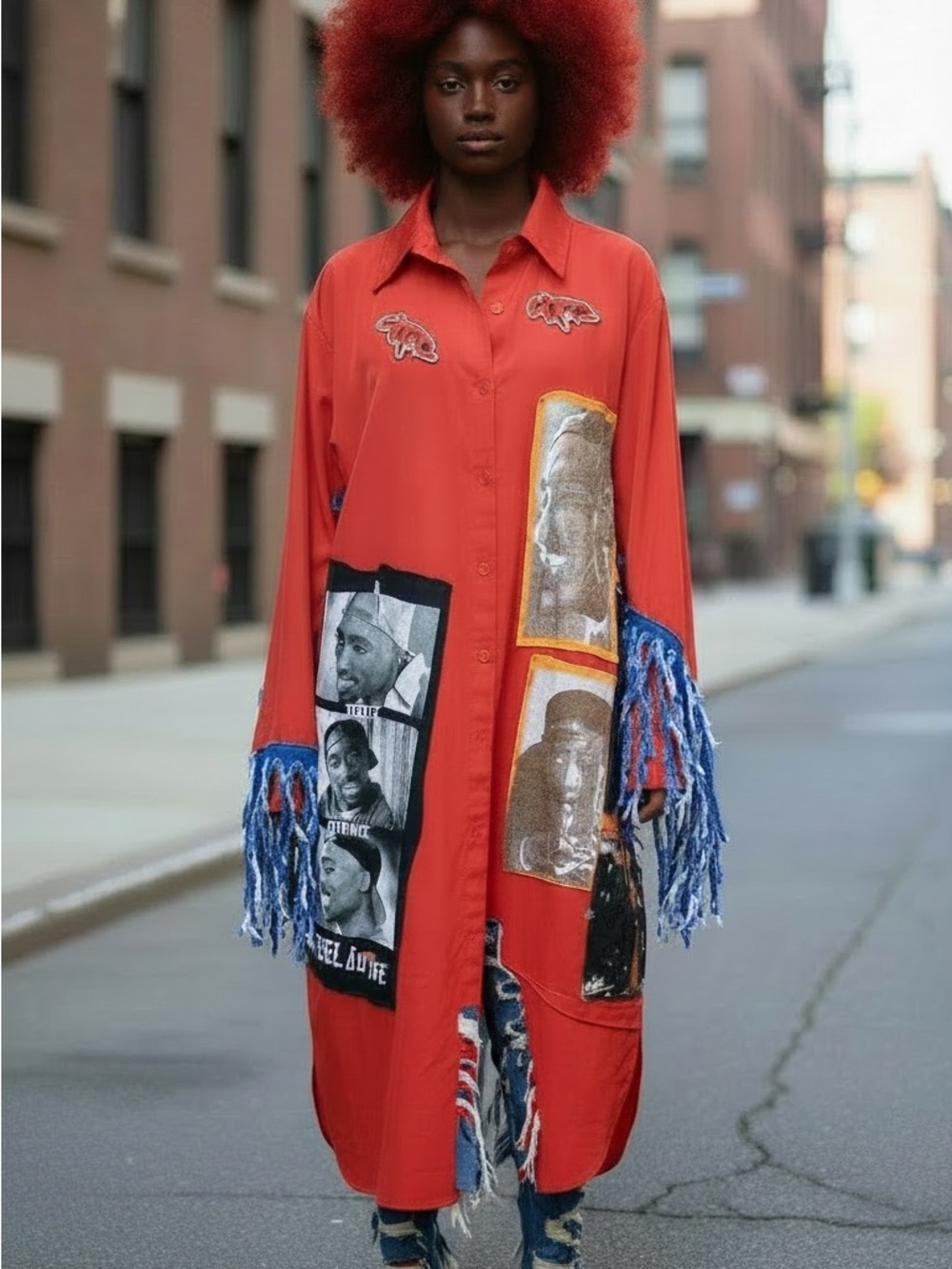 Tupac Graphic Fringe Long Shirt Coat - Women
